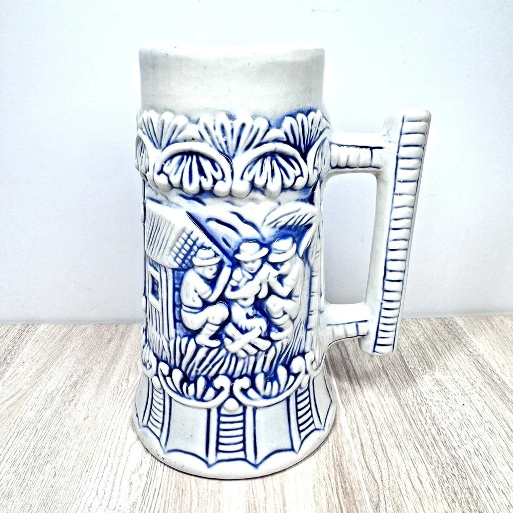 Vintage‎ Blue White Beer Stein Mug Relief German Style Brazil Stoneware